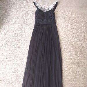Embedded Pearl collar formal flowing black dress